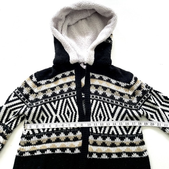No Boundaries Girls Sweater Large Sherpa Hood Cardigan Black Fair Isle Knit - Picture 11 of 15